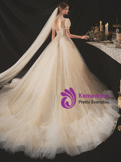 Distinctive Drak Champagne Tulle Short Sleeve High Neck Backless Beading Sequins Wedding Dress