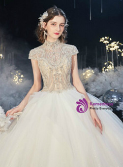 Concise White Tulle Sequins High Neck Backless Cap Sleeve Croset Beading Wedding Dress