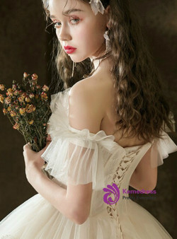 Polished Tulle Off the Shoulder Croset Beading Light Champagne Wedding Dress