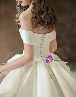Hot Sale White Satin Off the Shoulder Pleats Long Train Wedding Dress 