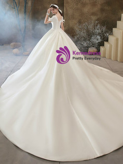 White Satin Short Sleeve Scoop Pleats Beading Wedding Dress