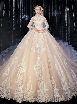 Popular Tulle Lace Appliques Long Sleeve High Neck Champagne Wedding Dress