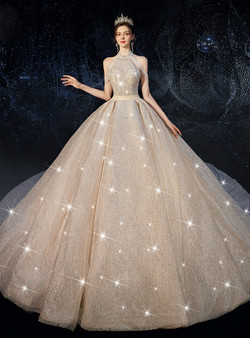 Luxury Dark Champagne Halter Tulle Sequins Beading Wedding Dress