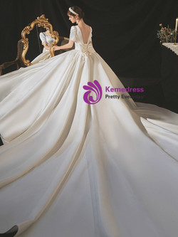 High quality White Satin Square Neck Short Sleeve Pleats Pearls Wedding Dress