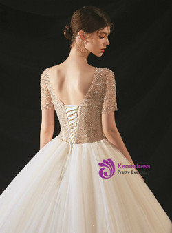 Champagne Corset Tulle Deep V-neck Beading Sequins Wedding Dress