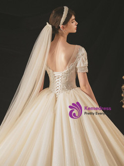 Impressive Champagne Tulle Puff Sleeve Beading Sequins Backless Wedding Dress