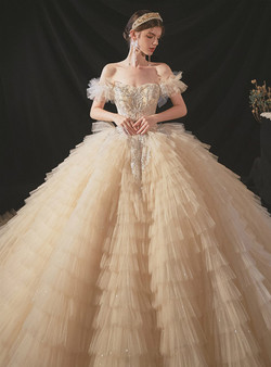 Tulle Tiers Off the Shoulder Beading Sequins Dark Champagne Wedding Dress 