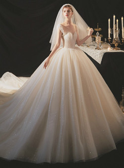 Champagne Ball Gown Tulle Cap Sleeve Beading Sequins Wedding Dress
