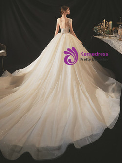 Champagne Ball Gown Tulle Cap Sleeve Beading Sequins Wedding Dress