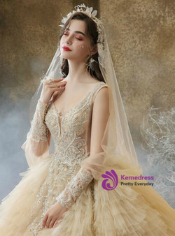 Fancy Dark Champagne Corset Tulle Tiers V-neck Beading Wedding Dress