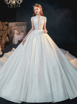 Delicate White Ball Sequins Lace V-neck Short Sleeve Beading Wedding Dress