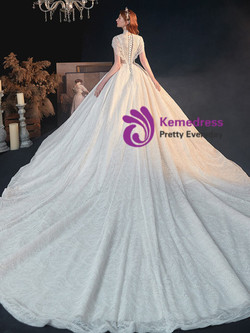 Delicate White Ball Sequins Lace V-neck Short Sleeve Beading Wedding Dress