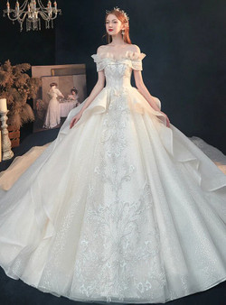 Trendy Tulle Sequins Off the Shoulder Ruffles Appliques Beading Wedding Dress