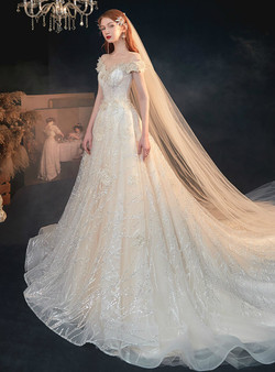Distinctive Champagne Tulle Off the Shoulder Sequins Beading Wedding Dress