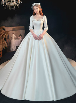 Fantastic White Satin Square 3/4 Sleeve Beading Backless Wedding Dress