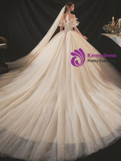 Splendid Champagne Tulle Sequins Puff Sleeve Beading Wedding Dress