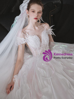 Exciting White Tulle Beading Corset Illusion Wedding Dress 