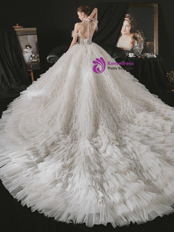 Tulle Tiers Halter Beading Backless Tiers Champagne Wedding Dress