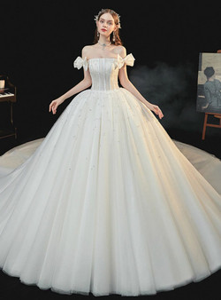 Dramatic Chamapgne Tulle Corset Off the Shoulder Pearls Wedding Dress 