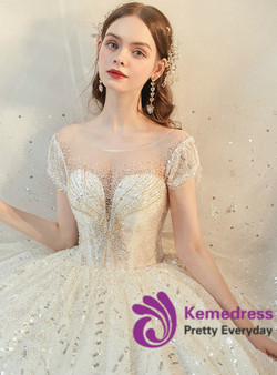 Incomparable Tulle Sequins Cap Sleeve Backless Beading Wedding Dress