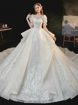 Tulle Lace Appliques Puff Sleeve Beading Light Champagne Wedding Dress