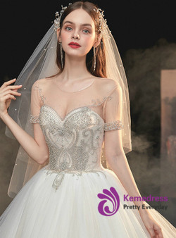 Concise Champagne Tulle Short Sleeve Backless Beading Wedding Dress