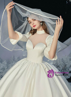 White Satin Short Sleeve High Neck Backless Wedding Dress With Train