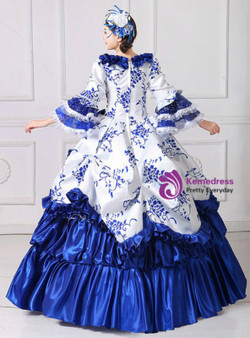 Blue White Ball Gown Puff Sleeve Print Drama Antonietta Rococo Dress