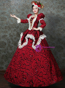Red Puff Long Sleeve Lace Costume Masquerade Dress