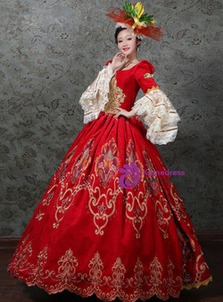 Red Square Puff Sleeve Print Rococo Baroque Vintage Gown Dress