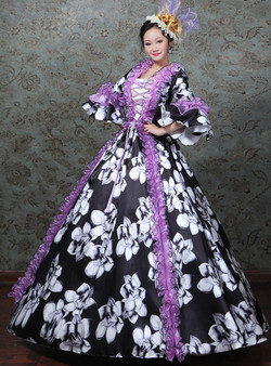 Black Satin Print Organza Puffles Antonietta Rococo Victorian Dress