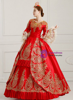 Red Satin V-neck Puff Sleeve Appliques Rococo Baroque Dress