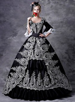 Black Satin White Appliques Short Sleeve Court Antonietta Rococo Dress
