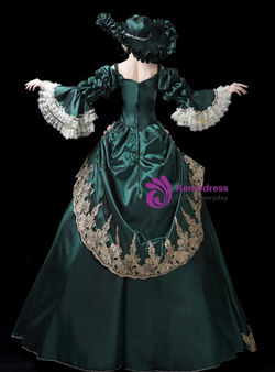 Green Satin Flower Appliques Drama Show Rococo Baroque Dress