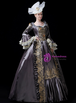 Gray Satin Appliques Ruffles Long Sleeve Antonietta Victorian Dress