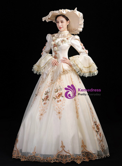 Champagne Tulle Long Sleeve Baroque Party Costume Dress