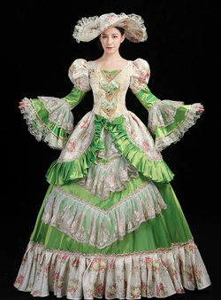 Green Ball Gown Satin Lace Print Antonietta Party Costume Dress