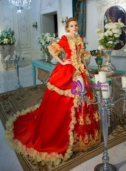 Red Ball Gown Satin Appliques Short Sleeve Rococo Baroque Dress