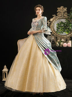 Yellow Green Tulle Square Print Short Sleeve Party Costume Vintage Gown Dress