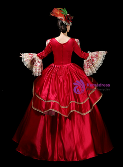 Burgundy Satin Lace Long Sleeve Rococo Baroque Vintage Gown Dress