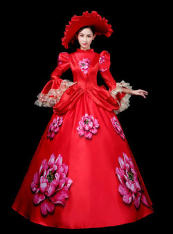 Red Satin High Neck Long Sleeve Print Rococo Baroque Vintage Dress