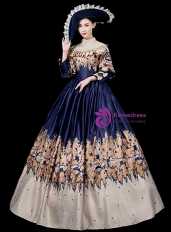 Blue Satin High Neck Print Long Sleeve Baroque Party Costume Dress