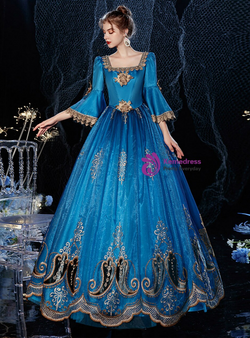 Blue Long Sleeve Appliques Square Rococo Baroque Vintage Gown Dress