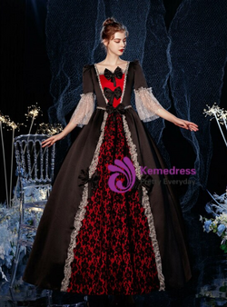 Black Ball Gown Satin Short Sleeve Bow Rococo Baroque Vintage Gown Dress