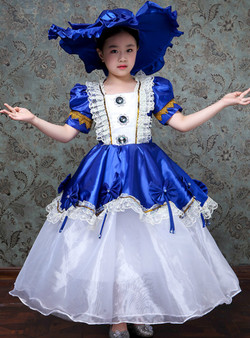 Blue Lace Satin Puff Sleeve Bow Victorian Vintage Gown Dress