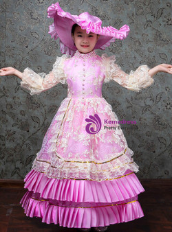 Pink High Neck Satin Lace Appliques Long Sleeve Vintage Gown Dress