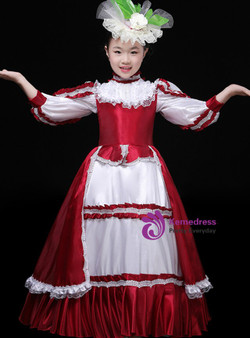 Dark Red Satin Long Sleeve High Neck Rococo Baroque Palace Dress