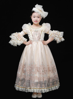 Champagne Tulle Appliques Puff Sleeve Antonietta Party Dress