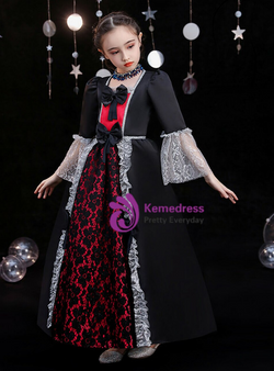 Black Satin Lace Long Sleeve Bow Vintage Baroque Party Dress