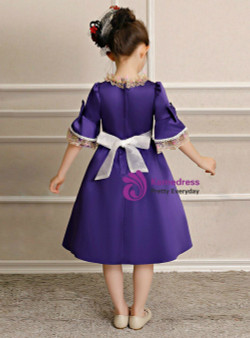 Purple Satin Lace Knee Length Short Sleeve Rococo Baroque Dress